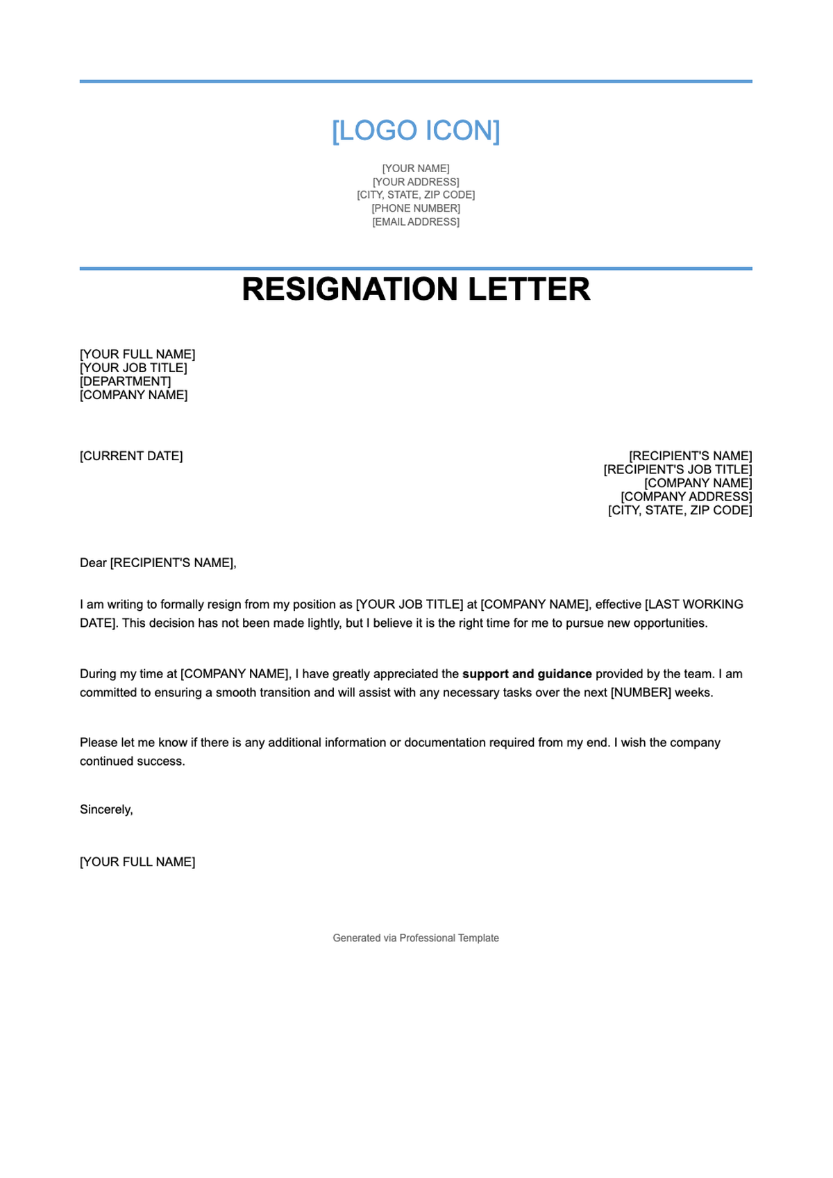 Short resignation letter template with blue header and placeholder fields_variant_1
